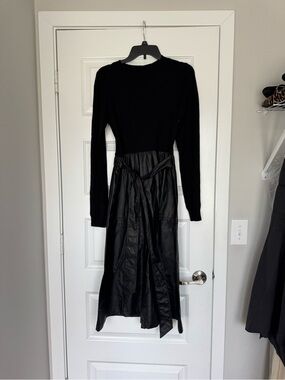 Roolee Black Long Sleeve Faux-Leather Waist Tie Dress